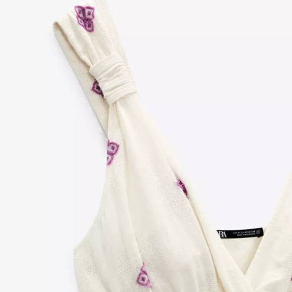 Zara Rustic Dress Womens Large Embroidered Midi Cottagecore Ivory Purple Boho - Picture 13 of 15